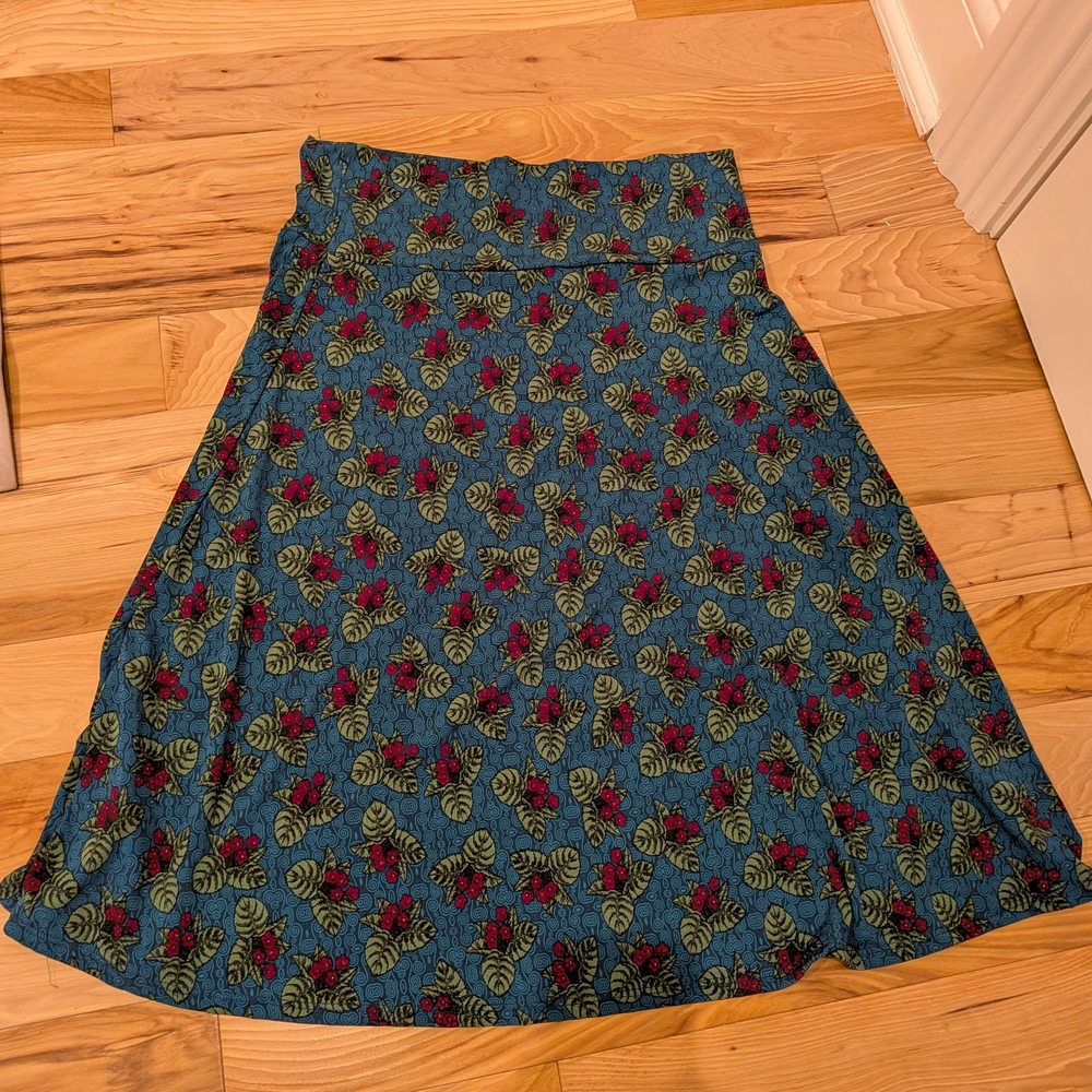 LuLaRoe A-Line Skirt with Red and Green Floral on Blue